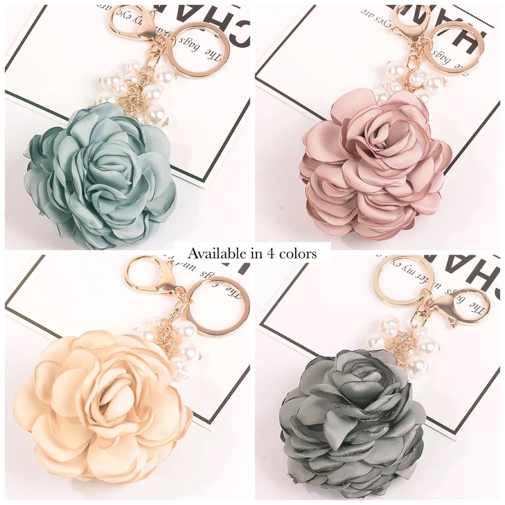 Pink Camellia Rose Keychain with Pearls - Picture 7 of 9